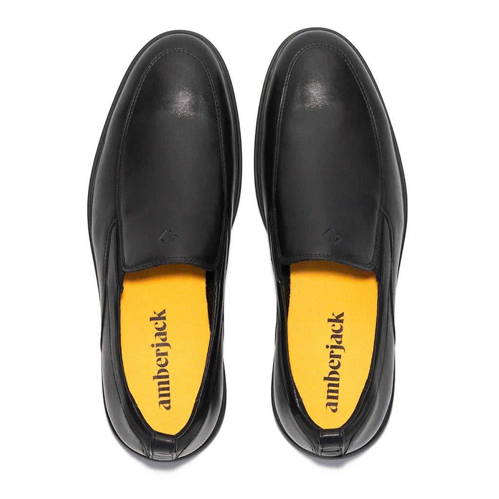 Amberjack Slip-On Obsidian black pilot dress shoe, left side view, laceless aviation shoe  | Top