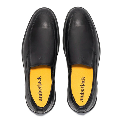 Amberjack Slip-On Obsidian black pilot dress shoe, left side view, laceless aviation shoe  | Top