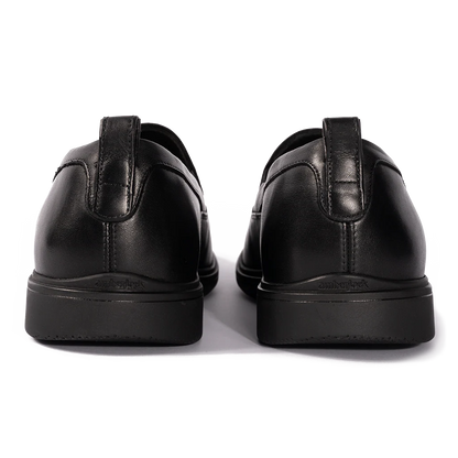 Amberjack Slip-On Obsidian black pilot dress shoe, left side view, laceless aviation shoe  | Back
