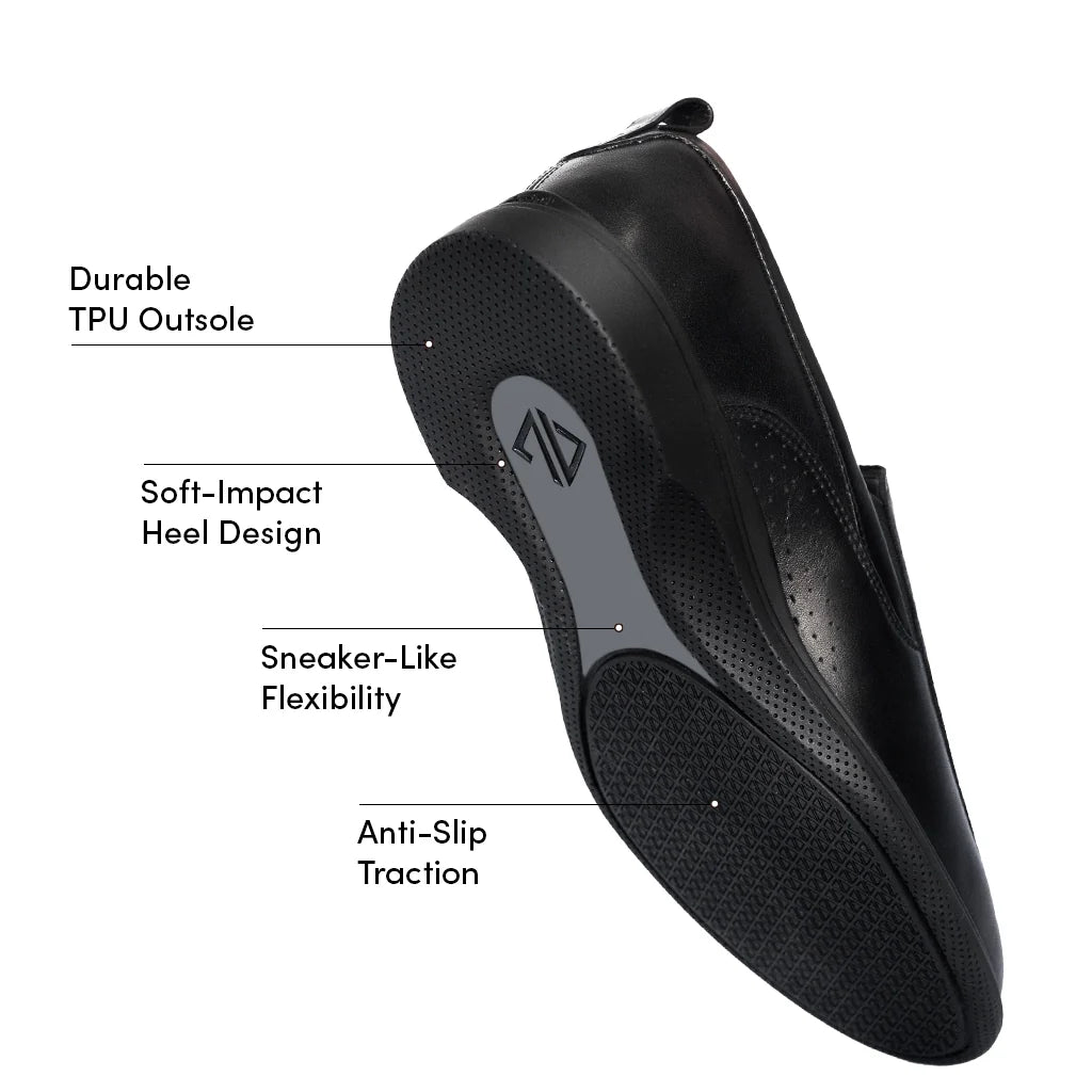 Amberjack Slip-On Obsidian black pilot dress shoe, left side view, laceless aviation shoe  | Features