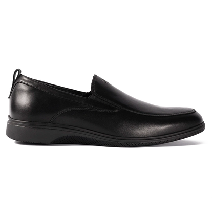 Amberjack Slip-On Obsidian black pilot dress shoe, left side view, laceless aviation shoe | Right