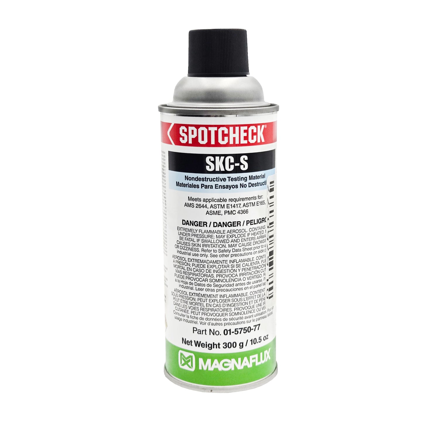 Front view of Magnaflux Spotcheck SKC-S solvent-based cleaner remover 16oz can showing nondestructive testing standards and product details