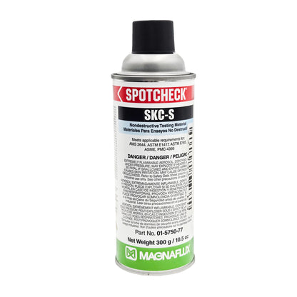 Front view of Magnaflux Spotcheck SKC-S solvent-based cleaner remover 16oz can showing nondestructive testing standards and product details