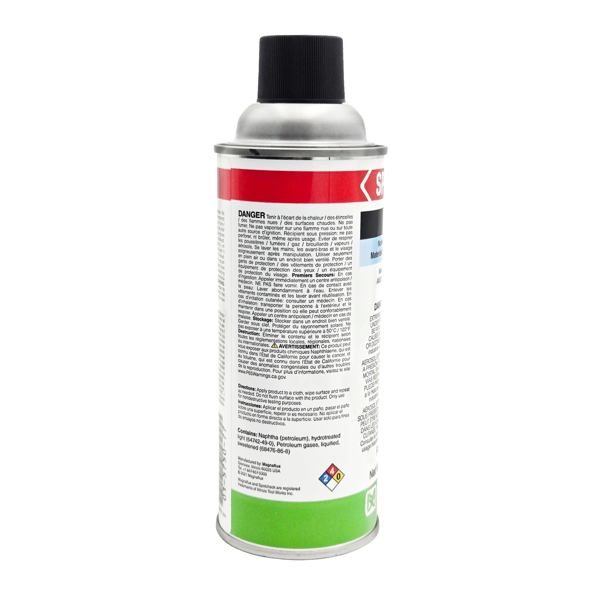 Back label of Magnaflux Spotcheck SKC-S aerosol showing danger warnings for extreme flammability, toxicity, skin irritation, Prop 65 notice, and usage directions