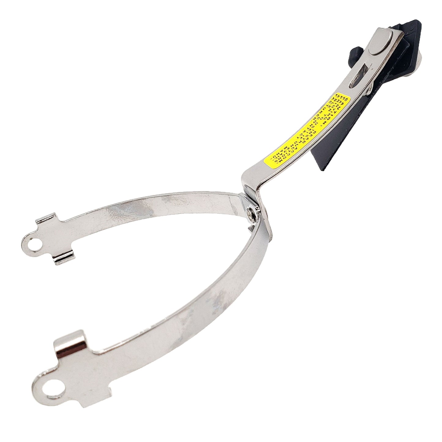 Top view of David Clark stirrup and clamp hardware showing chrome arm and extension with yellow caution label.