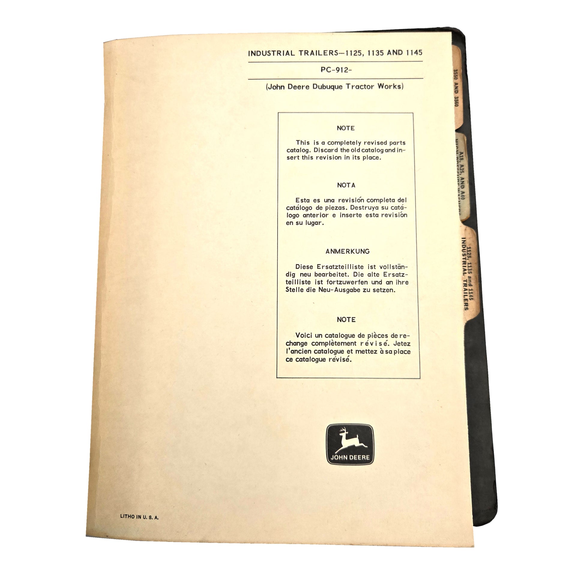 John Deere - Parts Catalog Binder | Industrial Trailers 1125, 1135, and 1145 PC-912
