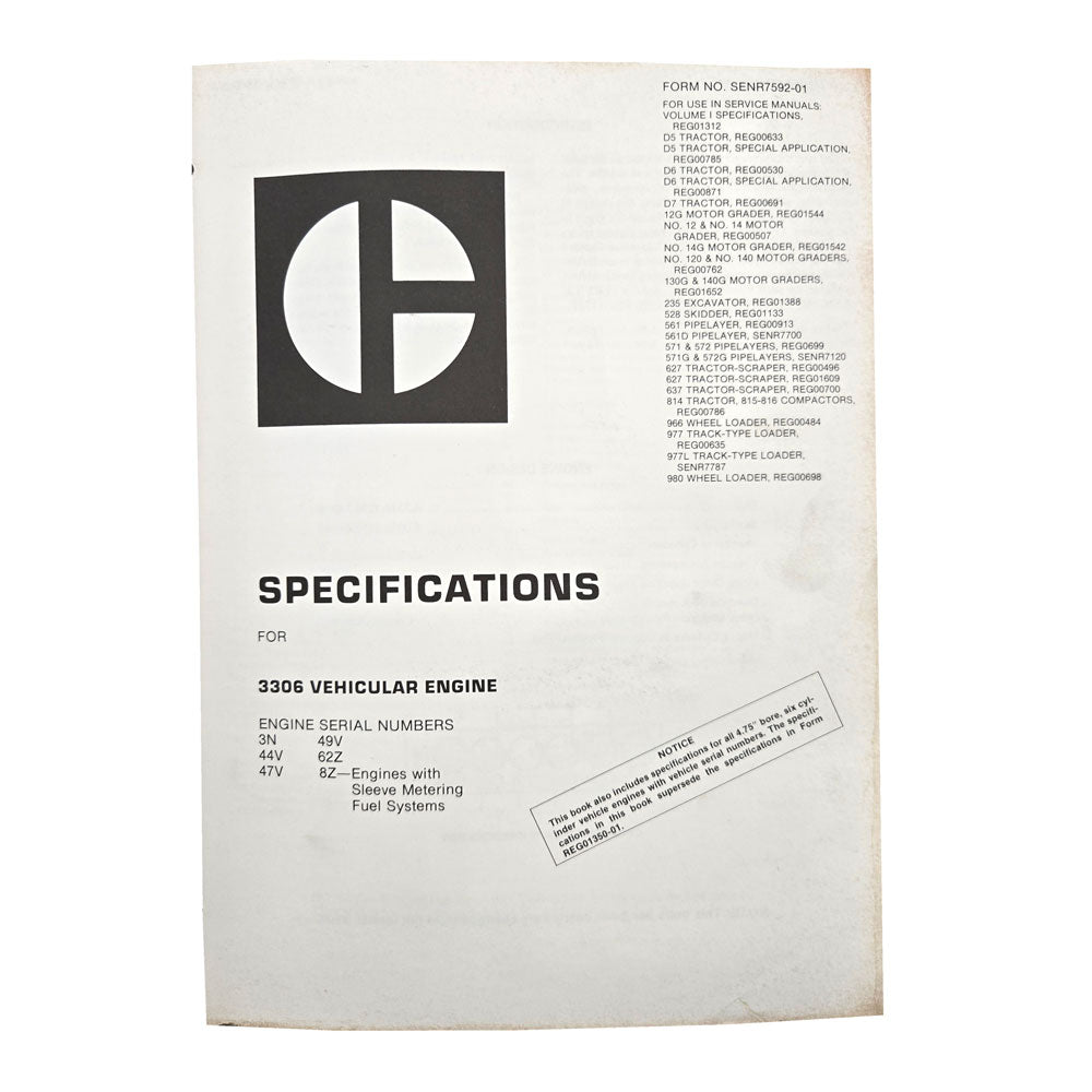 Cat Caterpillar 966C Wheel Loader Service Manual | 3306 Vehicular Engine: Specifications