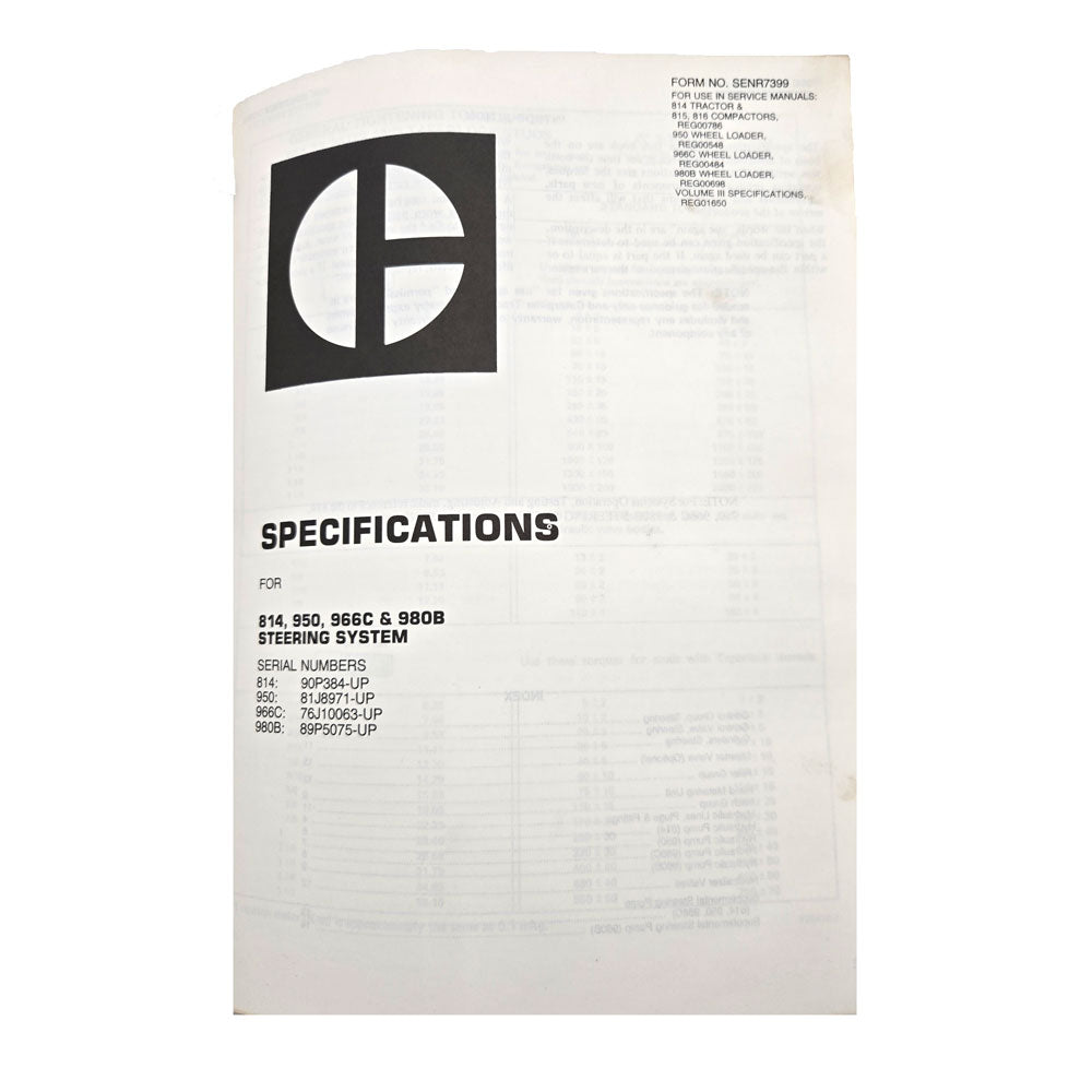 Cat Caterpillar 966C Wheel Loader Service Manual | 814, 950, 966C, and 980B Steering System: Specifications