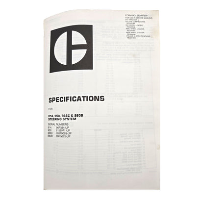 Cat Caterpillar 966C Wheel Loader Service Manual | 814, 950, 966C, and 980B Steering System: Specifications