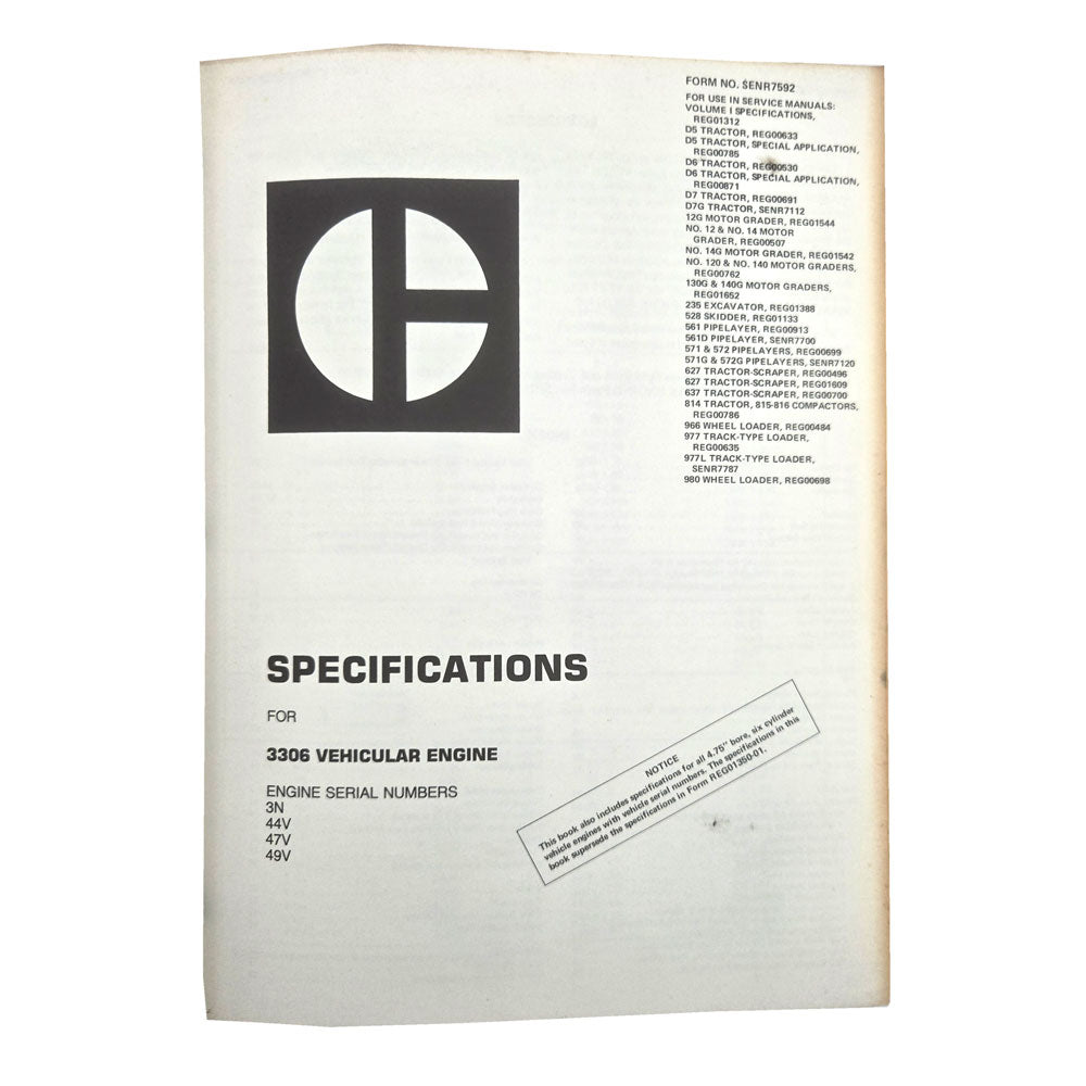Caterpillar Cat 966 Wheel Loader Service Manual 30K 25U 42J 76J 78G Series | 3306 Vehicular Engine: Specifications