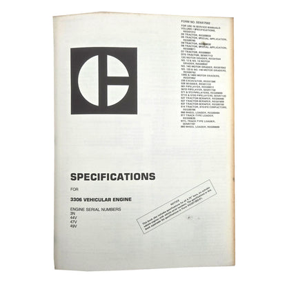 Caterpillar Cat 966 Wheel Loader Service Manual 30K 25U 42J 76J 78G Series | 3306 Vehicular Engine: Specifications