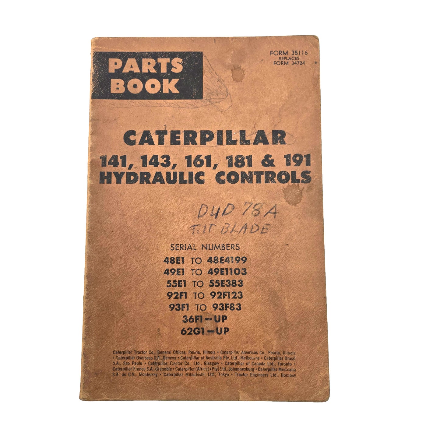 Cat Caterpillar 141, 143, 161, 181, 191 Parts Manual Book 