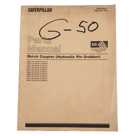 Cat Caterpillar Quick Coupler Hydraulic Pin Grabber Parts Manual Catalog