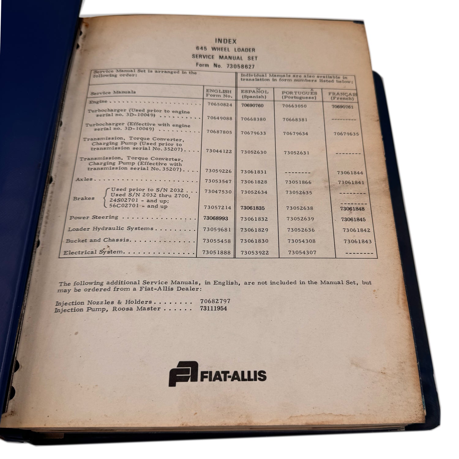 Fiat-Allis 645 Wheel Loader Service Manual Set | 73058627 - 545, 605, 645, 745