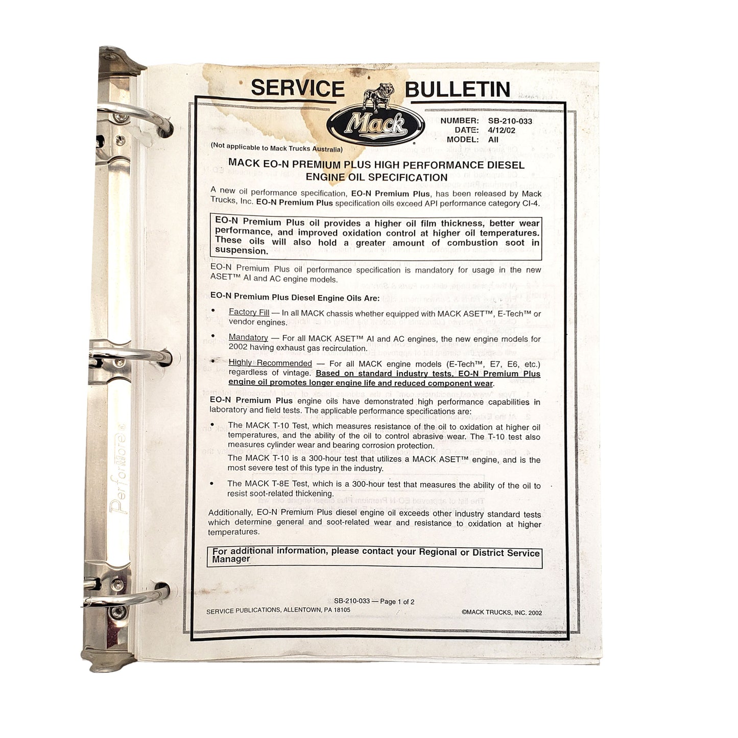 Mack ASET AI and AC Engines with EGR Advance Operation Service Manual TS87702 | Service Bulletin