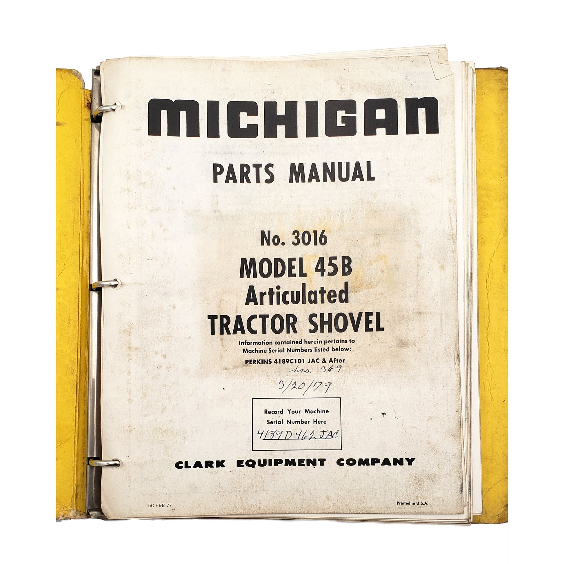 Clark Model 45B Articulated Tractor Shovel No. 3016 Parts Manual | Parts Manual No.3016