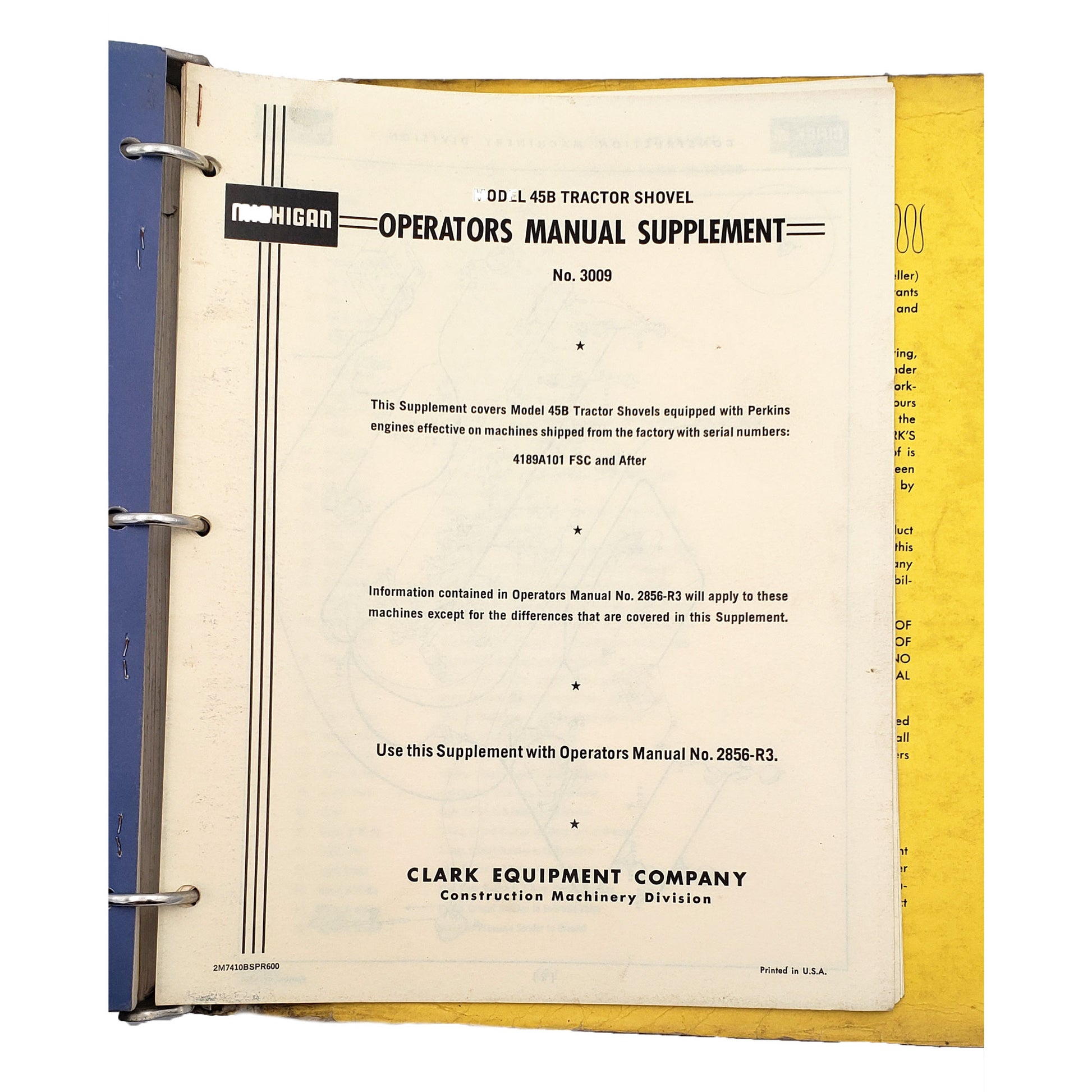 Clark Model 45B Articulated Tractor Shovel No. 3016 Parts Manual | Operators Manual Supplement No.3009