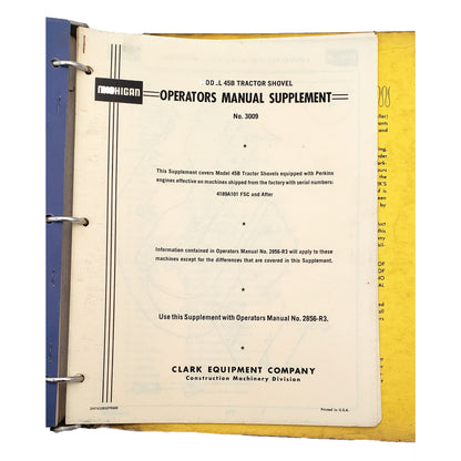 Clark Model 45B Articulated Tractor Shovel No. 3016 Parts Manual | Operators Manual Supplement No.3009