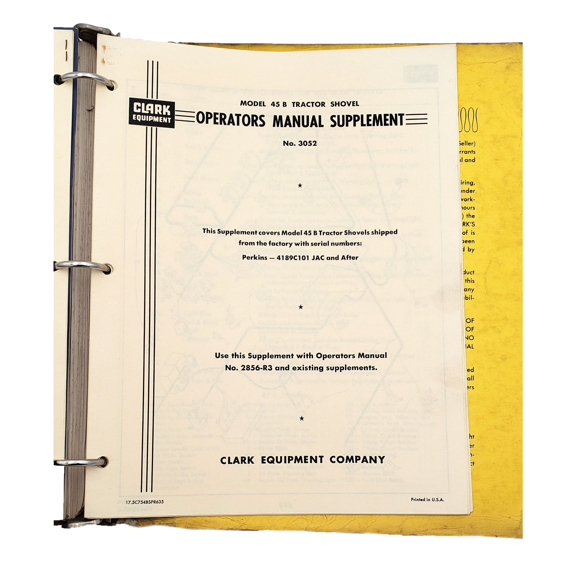 Clark Model 45B Articulated Tractor Shovel No. 3016 Parts Manual | Operators Manual Supplement No. 3052