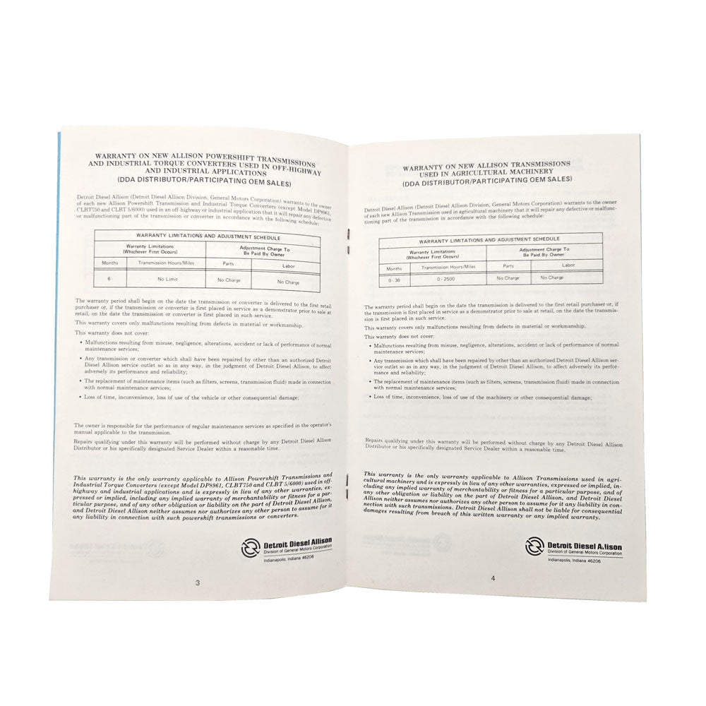 Allison Transmissions Warranty Information