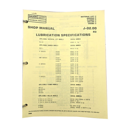 Section J - 2.00 R3: Lubrication Specifications