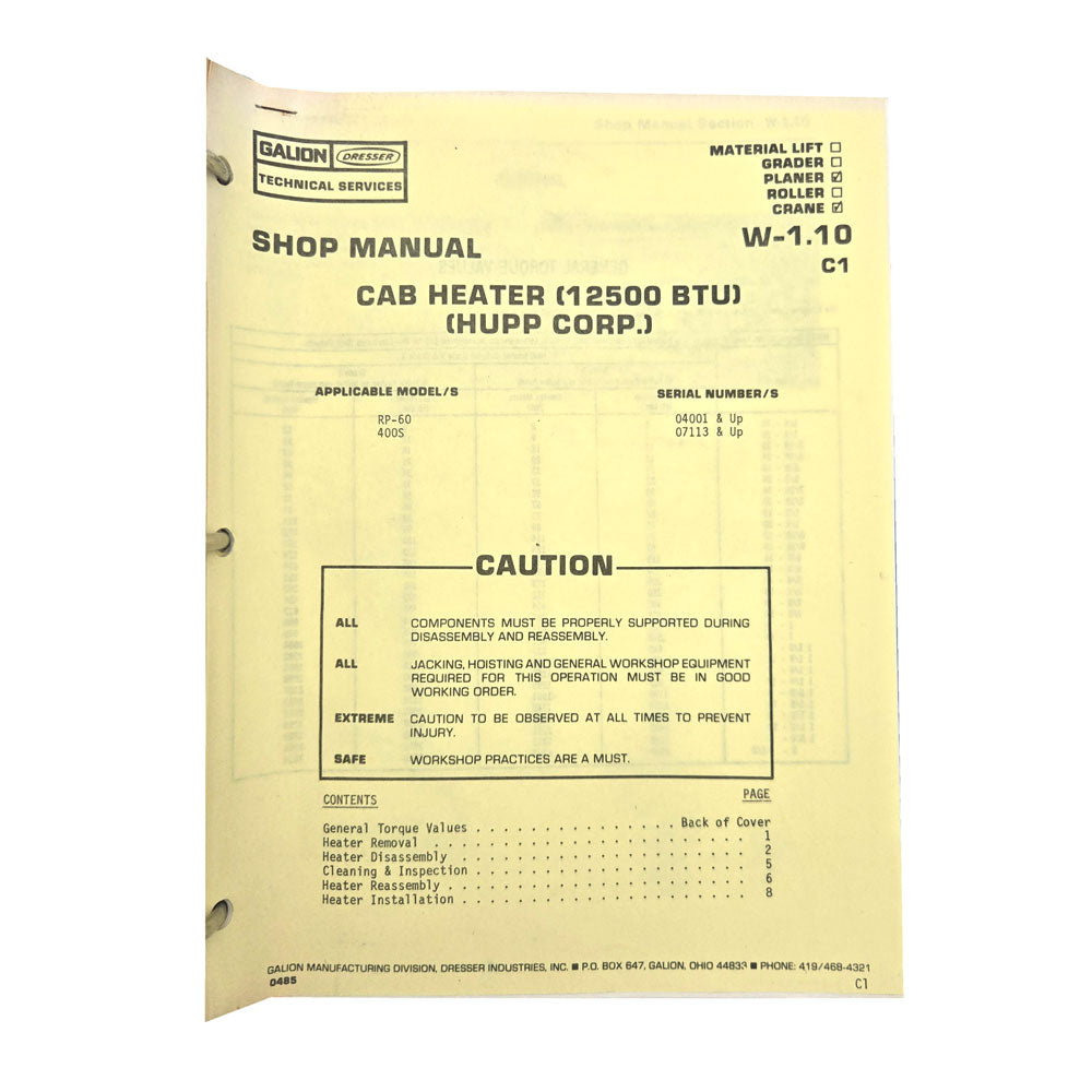 Section W - 1.10: Cab Heater (12500 BTU) (Hupp Corp.) 