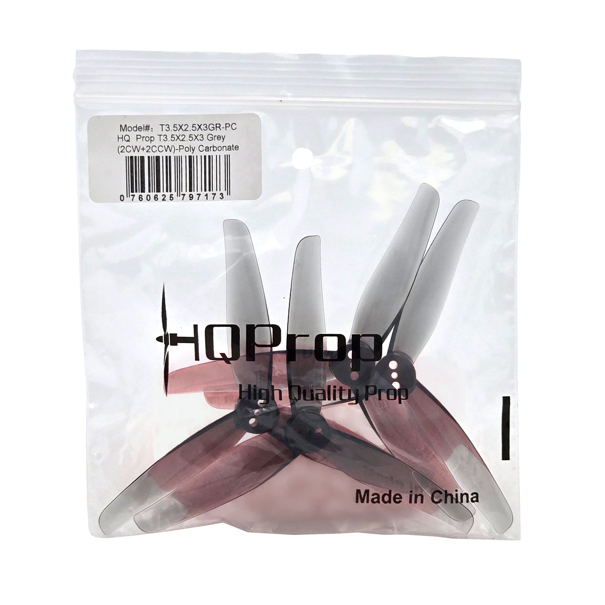 Clear plastic bag containing four HQProp T3.5X2.5X3 grey drone propellers with product label and HQProp branding visible