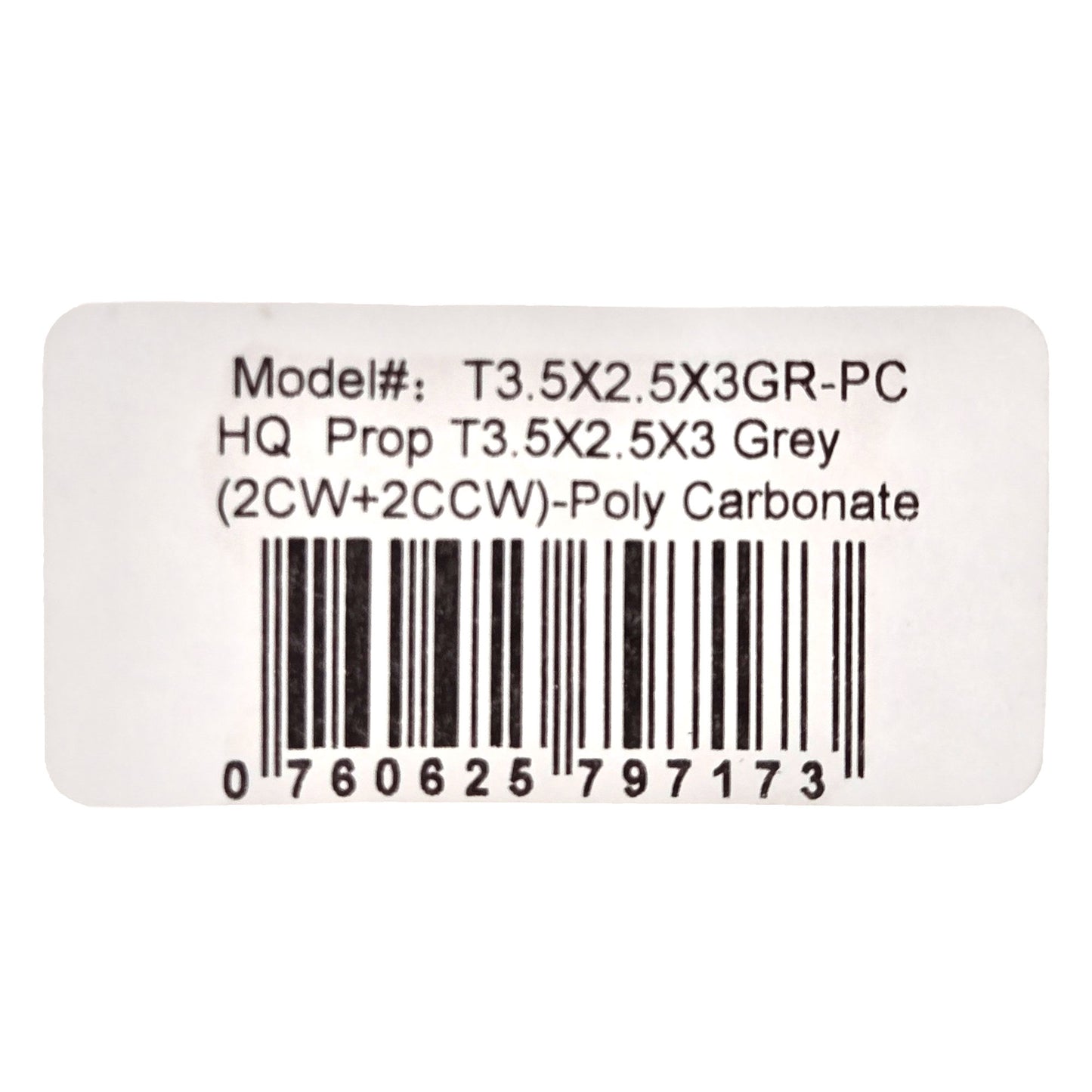 Close-up of HQProp T3.5X2.5X3 grey propeller label showing model number, polycarbonate material, and 2CW+2CCW set details