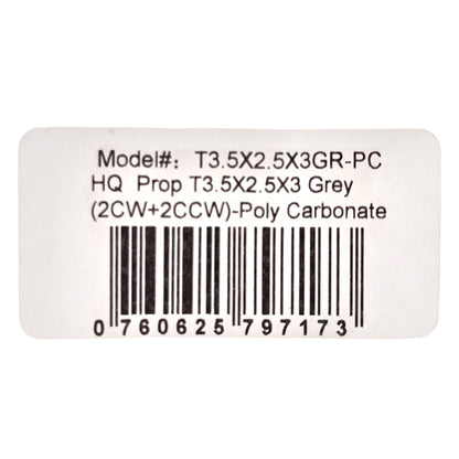 Close-up of HQProp T3.5X2.5X3 grey propeller label showing model number, polycarbonate material, and 2CW+2CCW set details