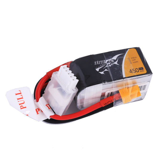 Tattu 450mAh 14.8V 75C 4S LiPo Battery with XT30 Plug - angled front view