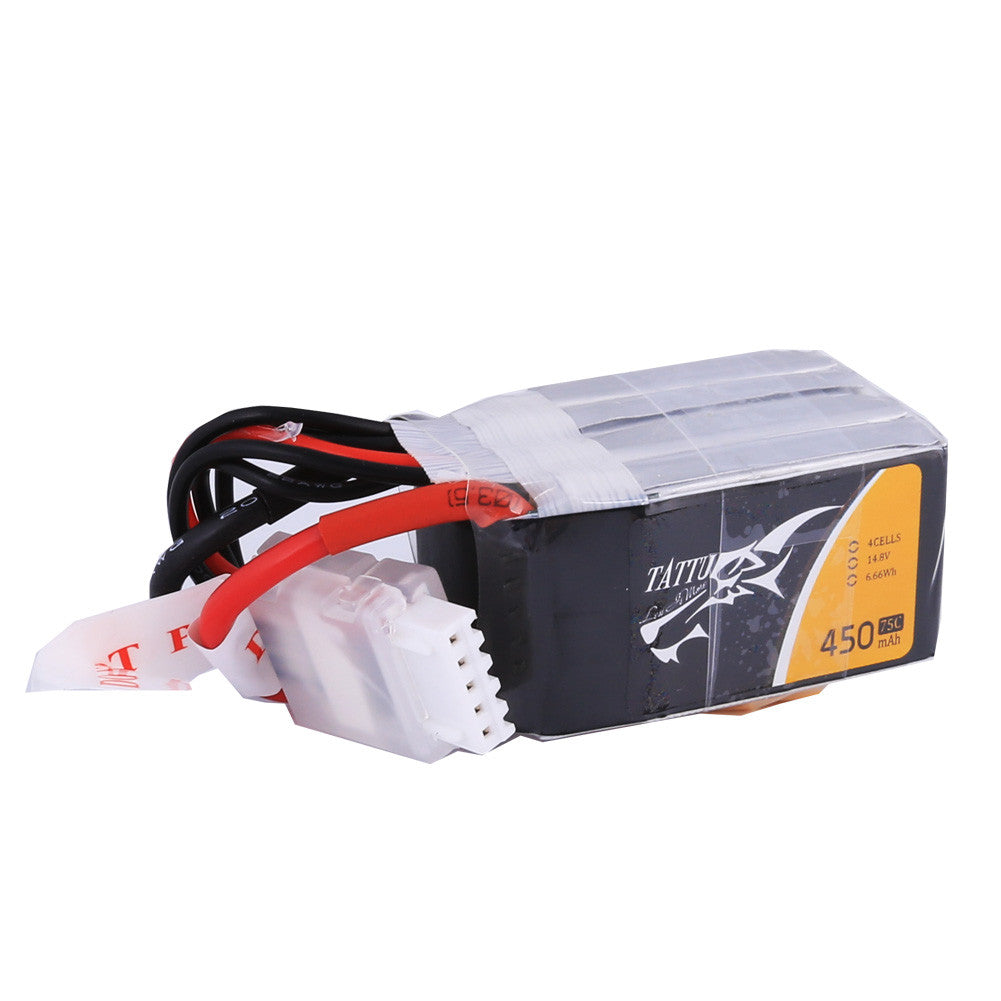 Tattu 450mAh 14.8V FPV Battery - top view with visible wiring and plug