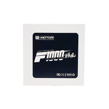 Top-down view of T-Motor F1000 box label showing T-Motor logo, website, and FCC CE RoHS compliance icons.