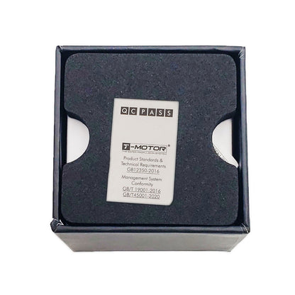 T-Motor F1000 packaging with QC pass and warranty card resting on foam insert showing conformity standards.