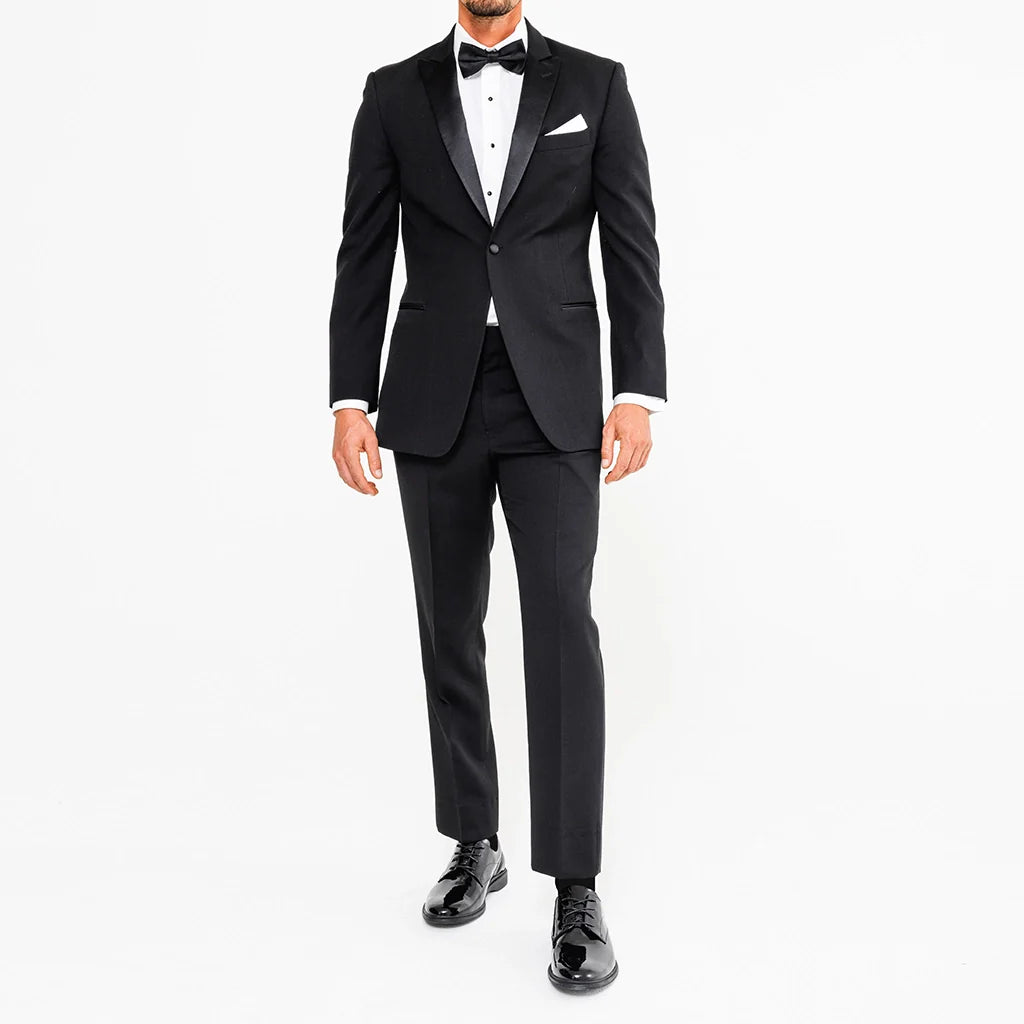 Amberjack Tux Obsidian Classic Collection black formal pilot dress shoe,  Lifestyle man in a tux