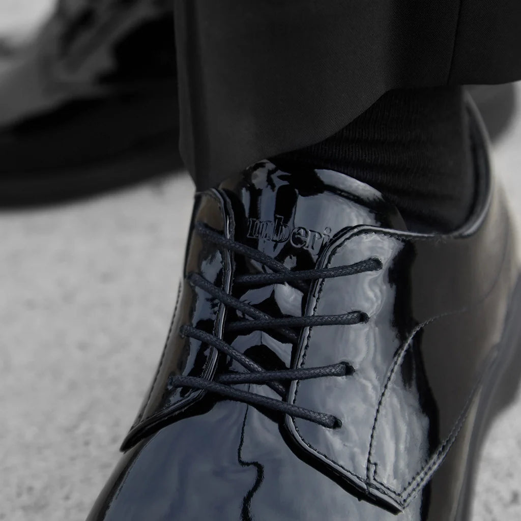 Amberjack Tux Obsidian Classic Collection black formal pilot dress shoe,  Close-up of Laces