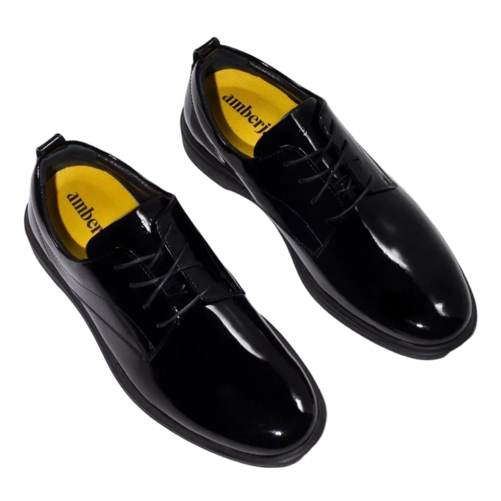 Amberjack Tux Obsidian Classic Collection black formal pilot dress shoe,  Angled Veiw