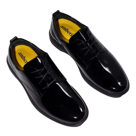 Amberjack Tux Obsidian Classic Collection black formal pilot dress shoe,  Angled Veiw