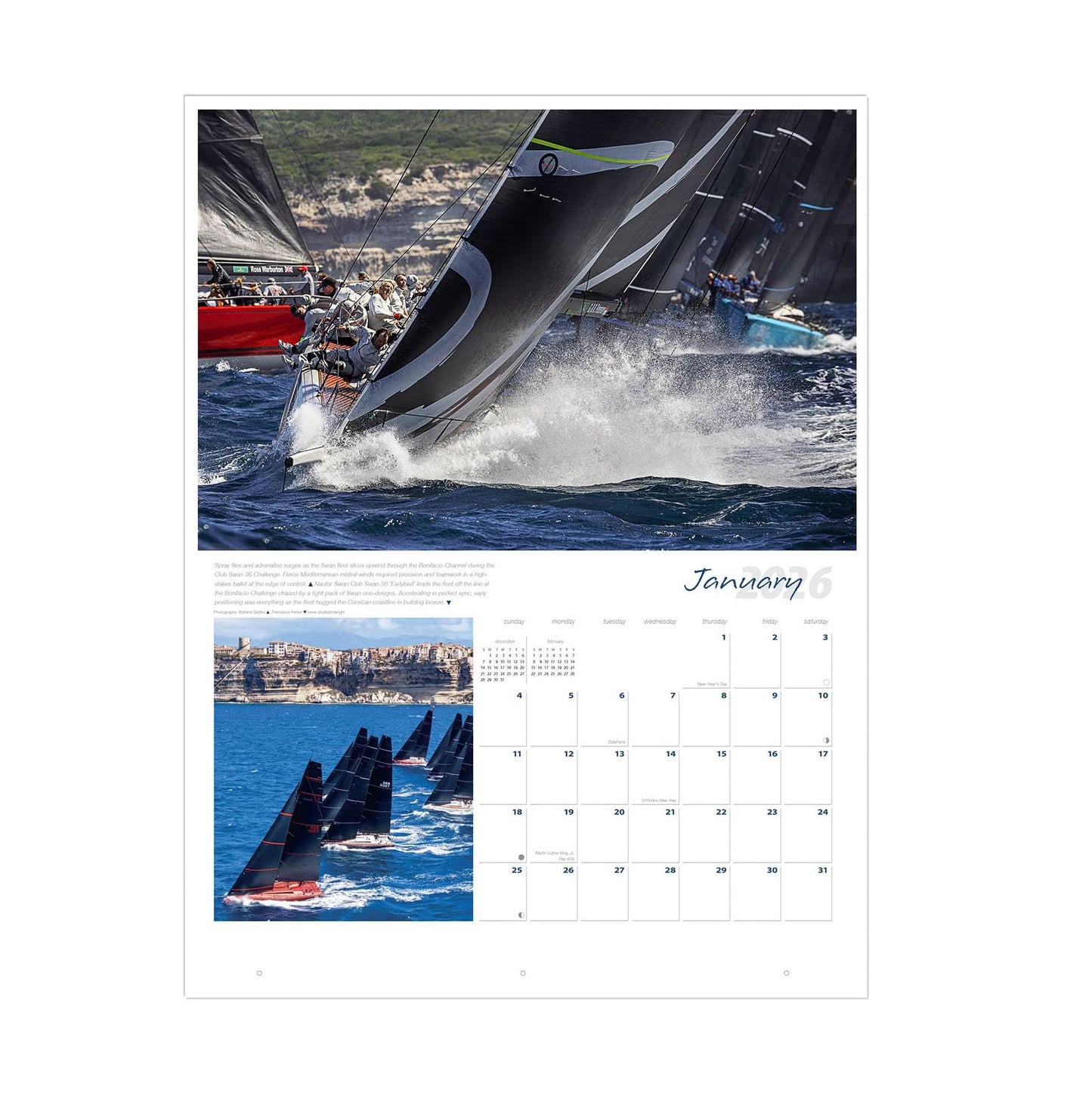 Monthly layout featuring dynamic sailing imagery and date grid