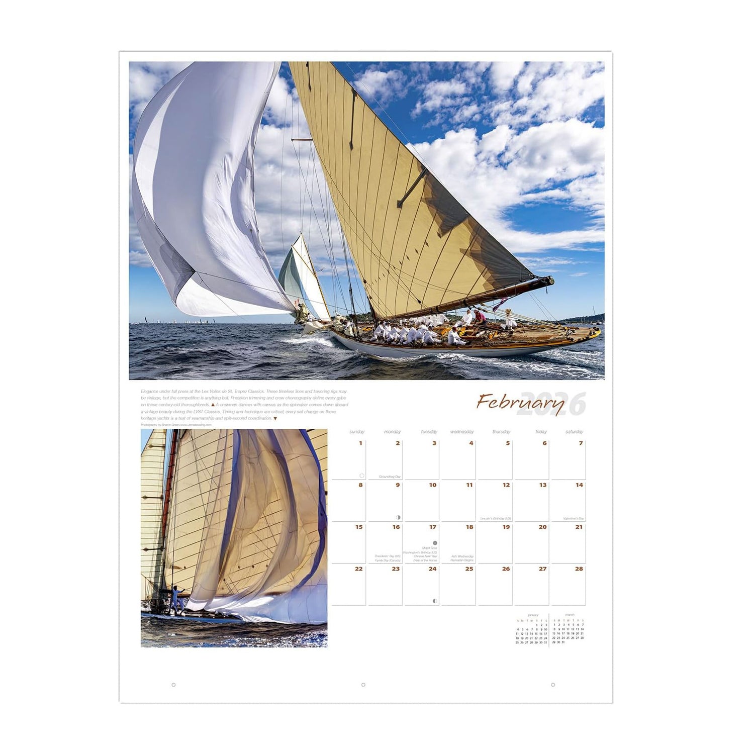 Interior spread showing sailing photography and monthly calendar layout