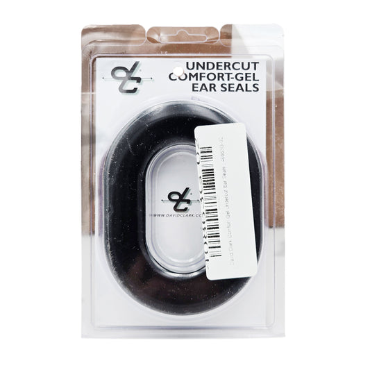 Front view of David Clark 40863G-02 comfort gel undercut ear seals pair in clear clamshell packaging