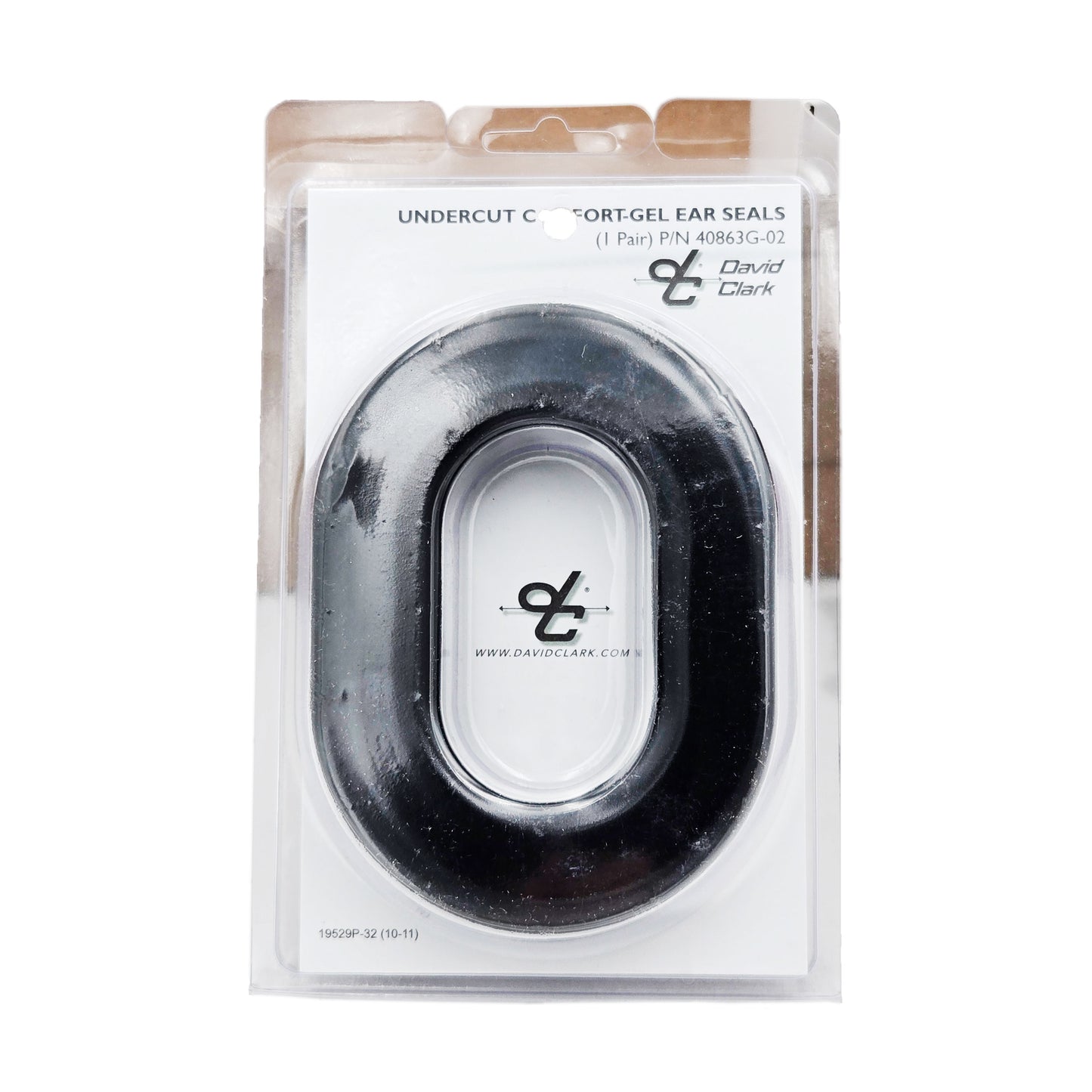 Angled view of packaged David Clark undercut comfort gel ear seals showing part number 40863G-02 and product description