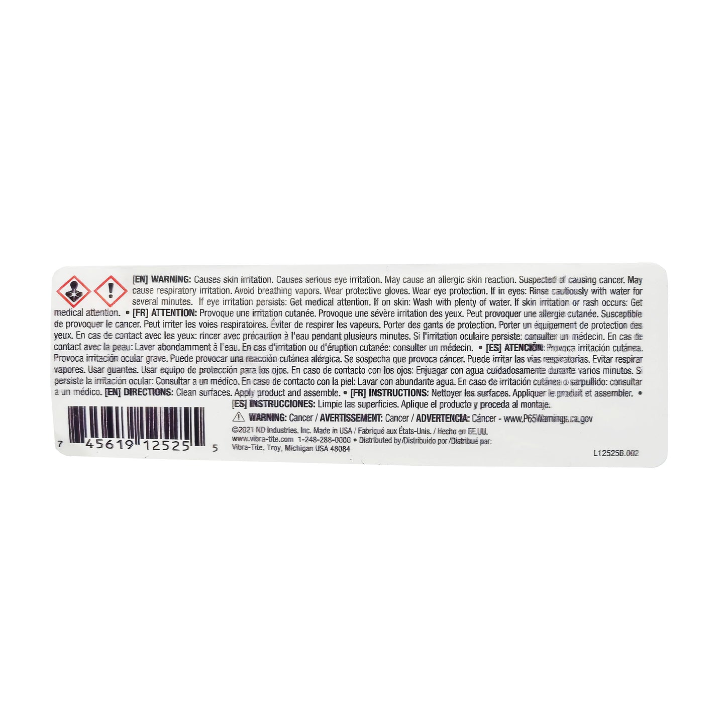 Close-up of Vibra-Tite 125 Threadlocker warning and safety text showing hazard statements, Prop 65 cancer warning, barcode, and distributor information
