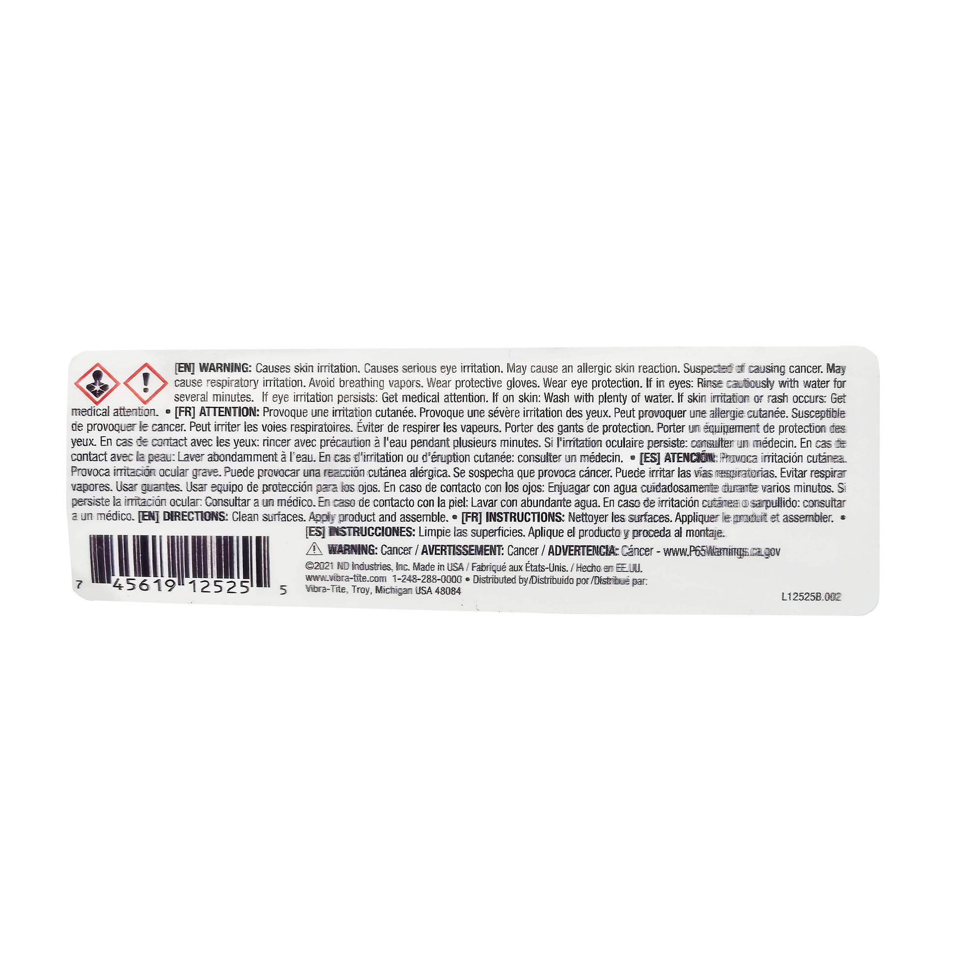 Close-up of Vibra-Tite 125 Threadlocker warning and safety text showing hazard statements, Prop 65 cancer warning, barcode, and distributor information
