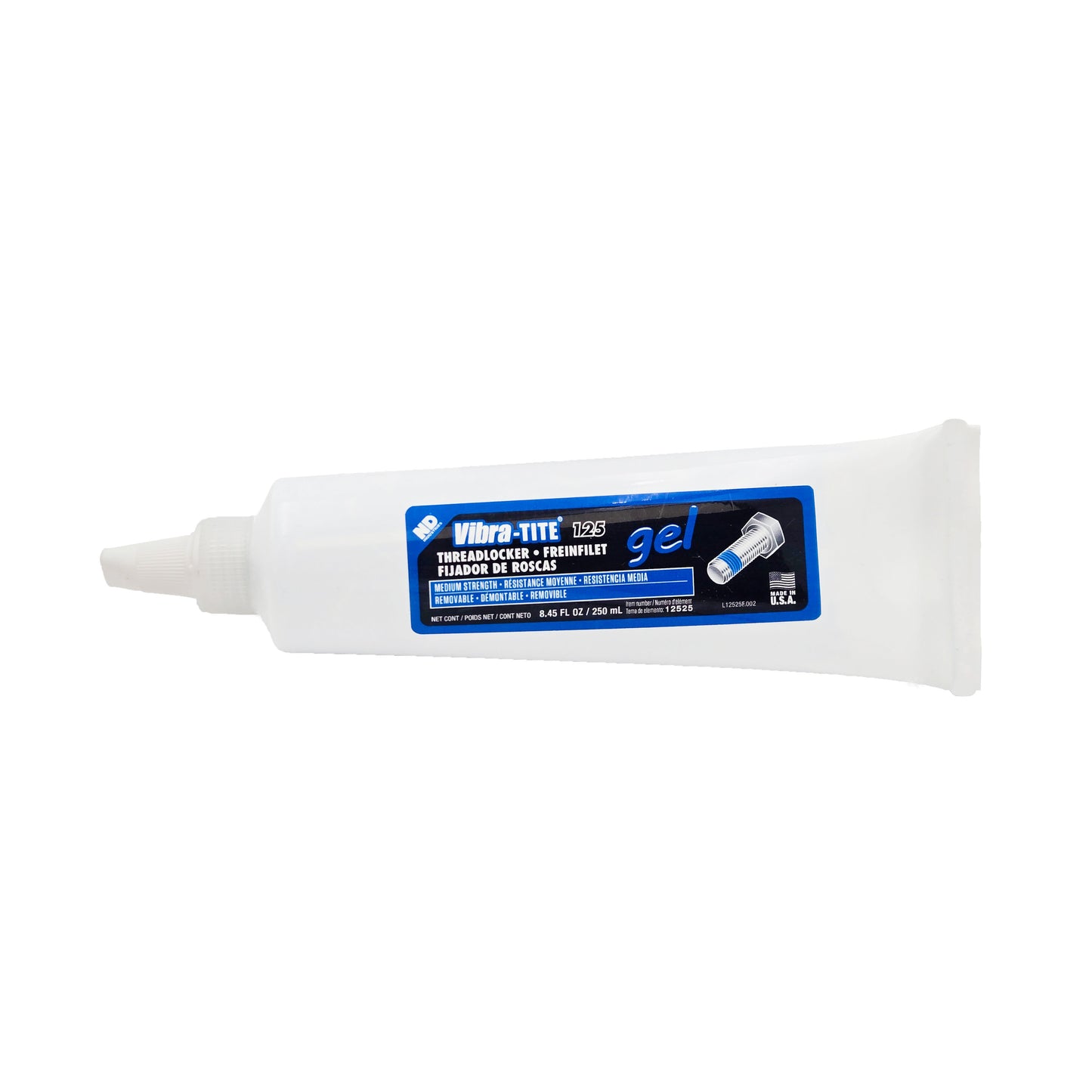 Vibra-Tite 125 Removable Medium Strength Gel Threadlocker front of tube showing blue and black label with nozzle, 250 mL adhesive for metal fasteners made in USA