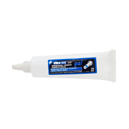 Vibra-Tite 125 Removable Medium Strength Gel Threadlocker front of tube showing blue and black label with nozzle, 250 mL adhesive for metal fasteners made in USA