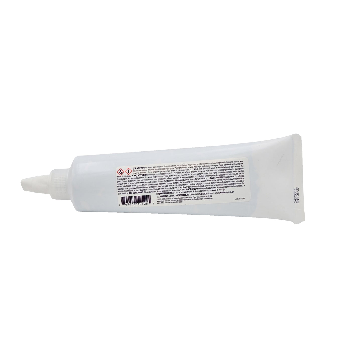 Vibra-Tite 125 Gel Threadlocker back of tube with safety warnings, directions, barcode, and multilingual English, French, and Spanish text