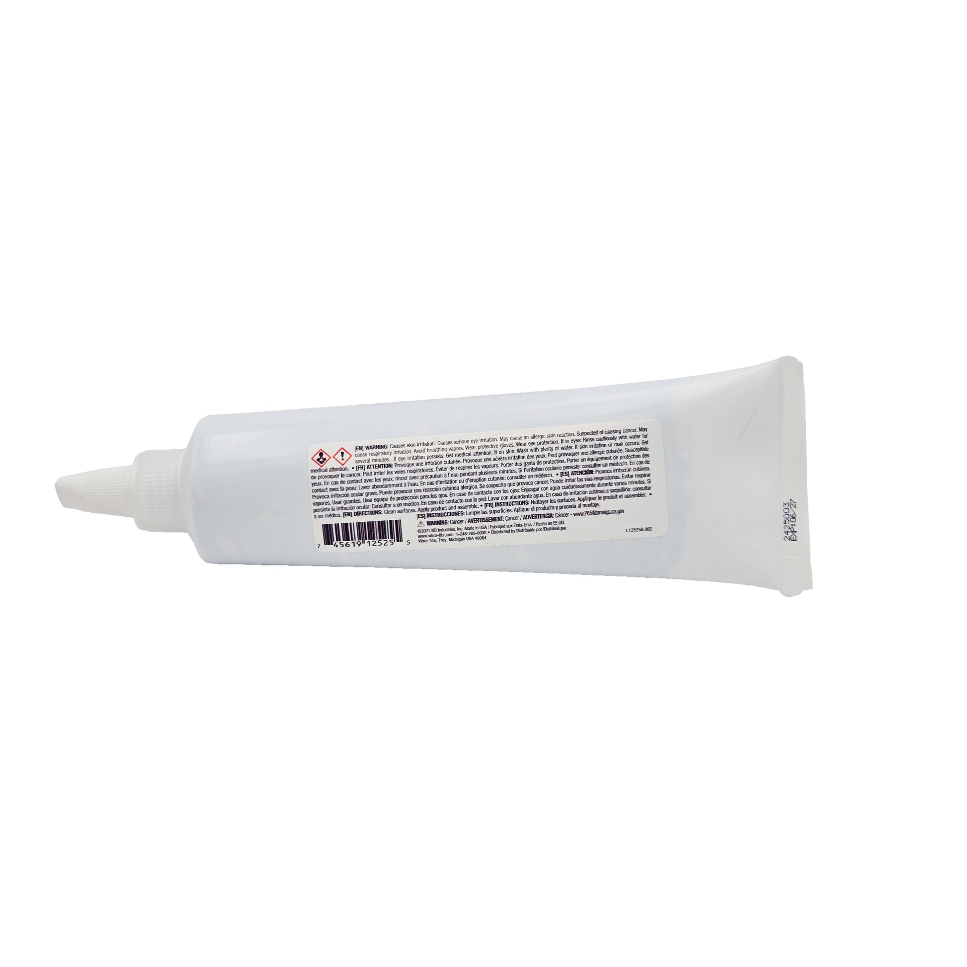 Vibra-Tite 125 Gel Threadlocker back of tube with safety warnings, directions, barcode, and multilingual English, French, and Spanish text
