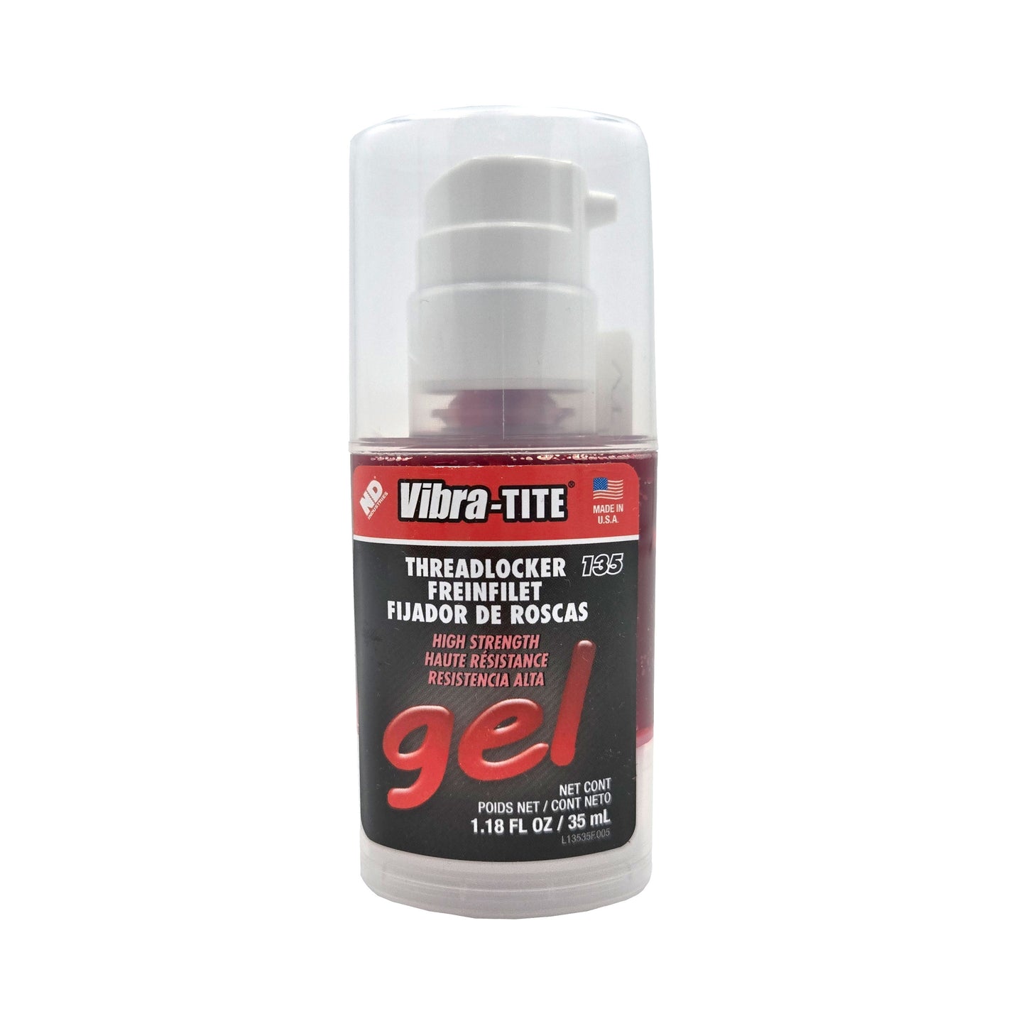 Vibra-Tite 135 Permanent Strength Gel Threadlocker 35ml bottle front view - advanced gel adhesive for vibration resistance
