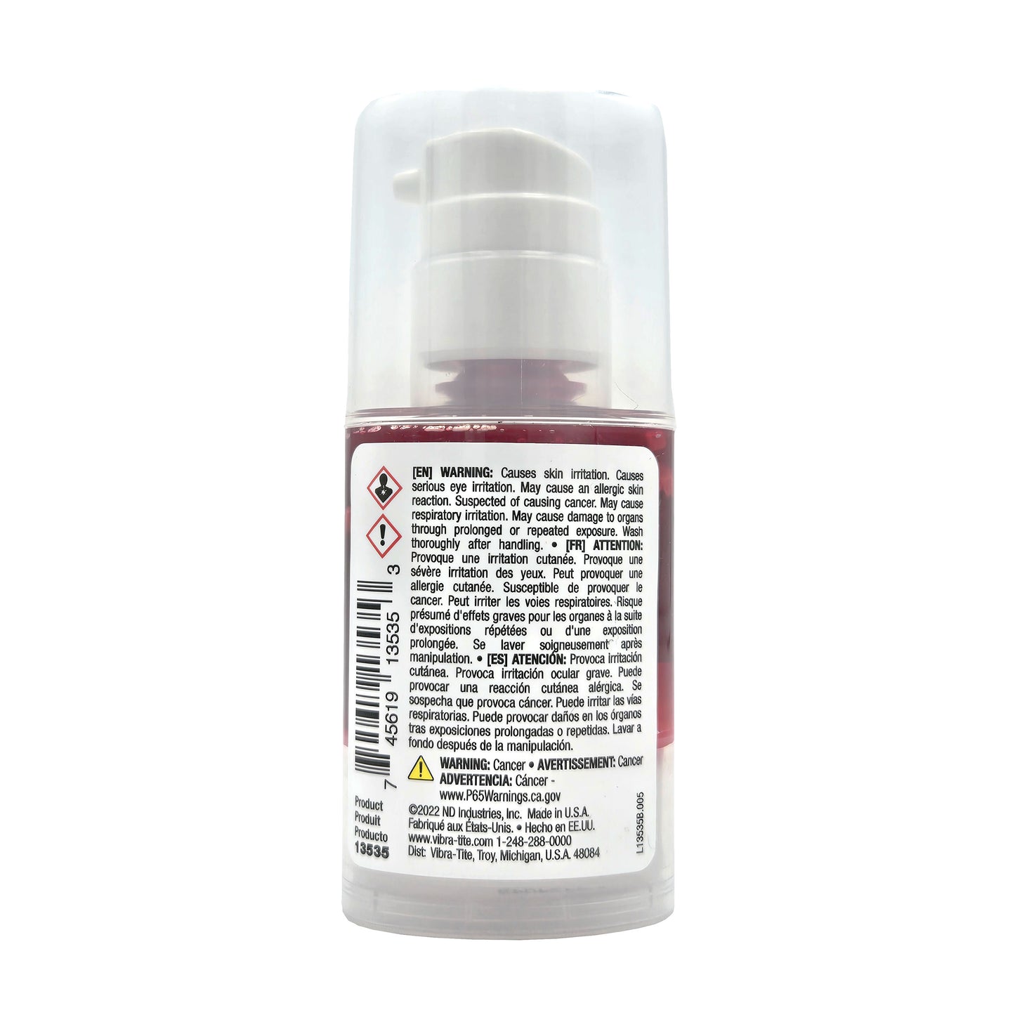 Vibra-Tite 135 Permanent Strength Gel Threadlocker 35ml bottle back view with product specifications