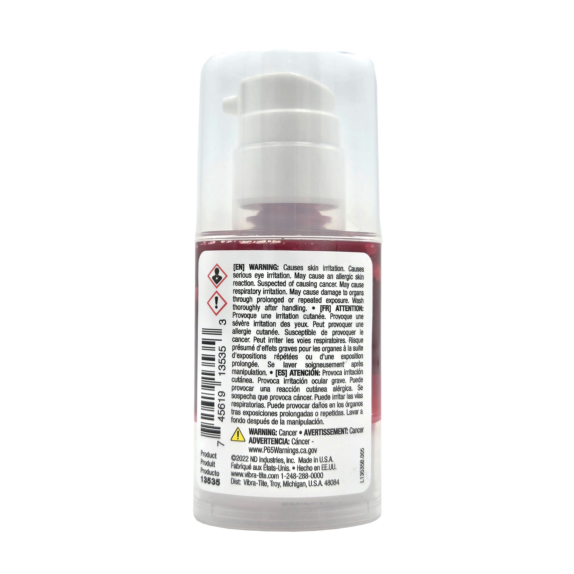 Vibra-Tite 135 Permanent Strength Gel Threadlocker 35ml bottle back view with product specifications
